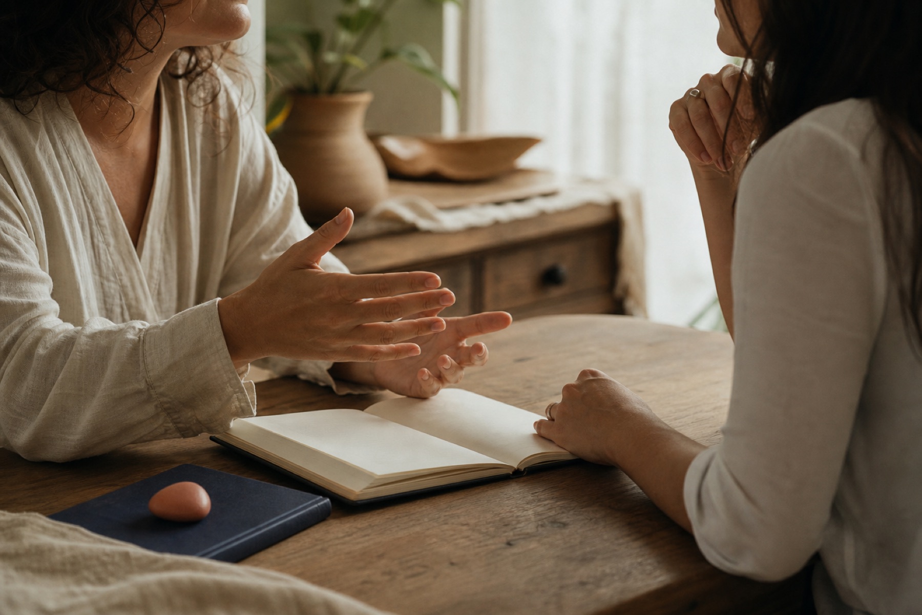 Dos mujeres conversan con atención alrededor de un cuaderno abierto