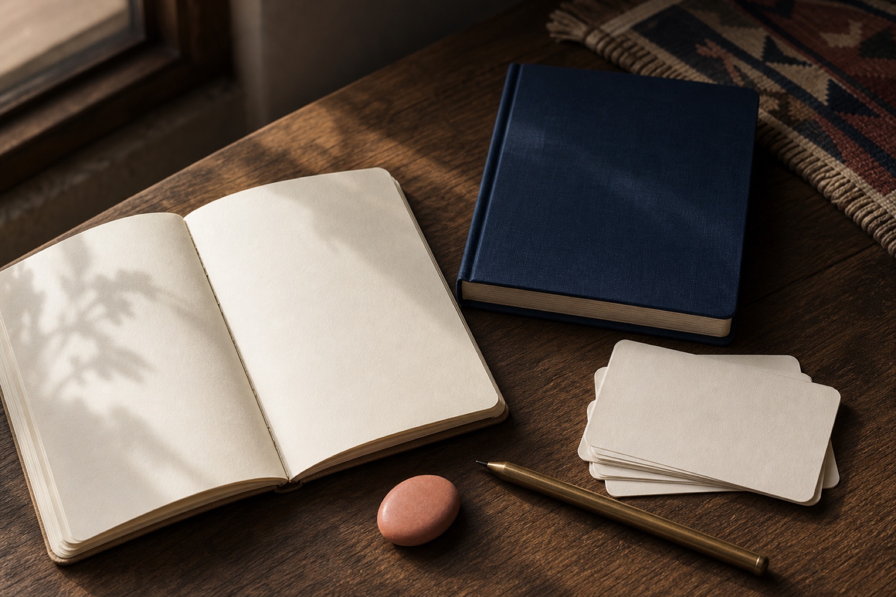 Cuadernos, tarjetas educativas y una semilla coral sobre una mesa de madera